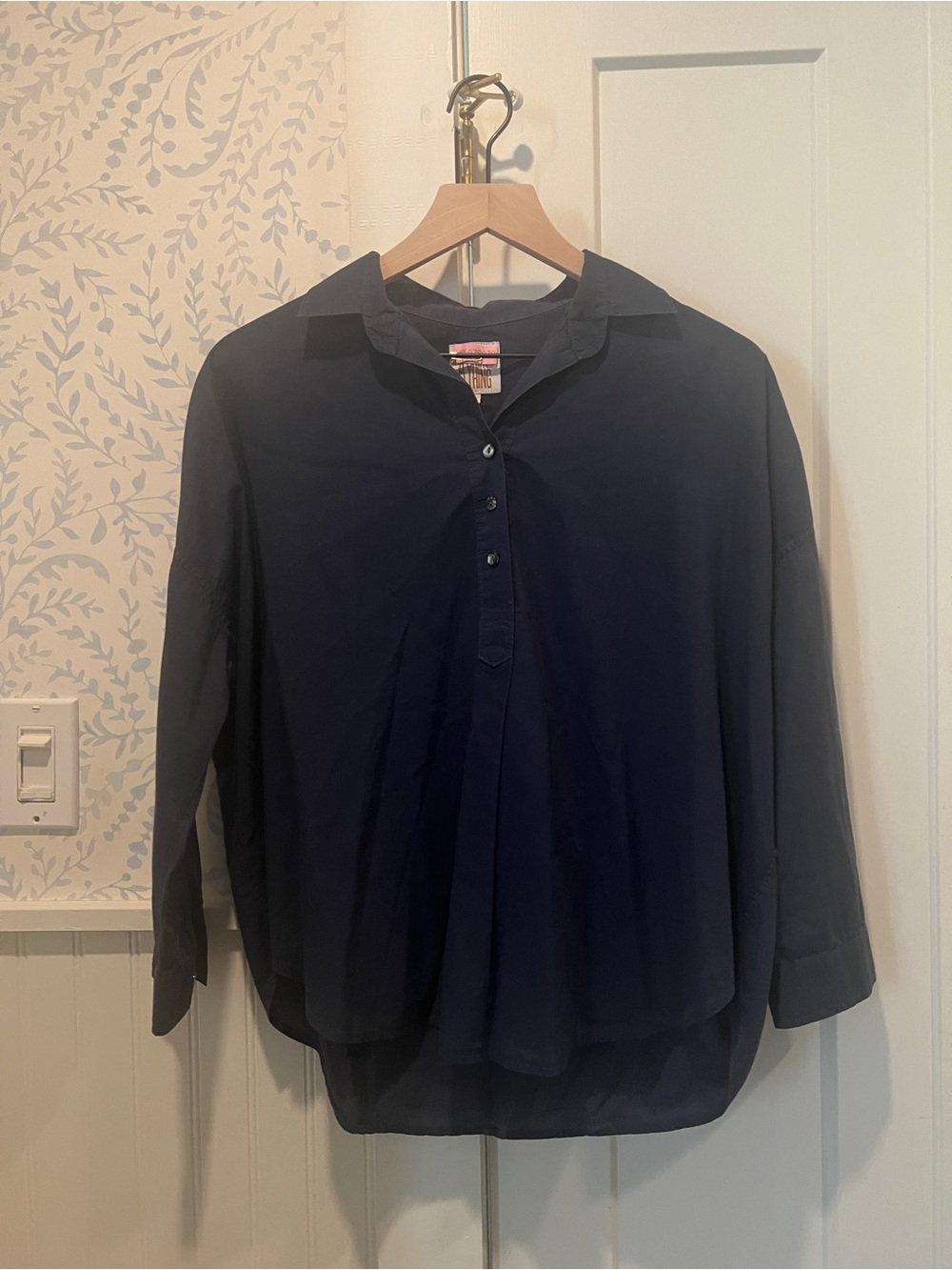 Relaxed Navy Button-Front Blouse - Women's Long Sleeve